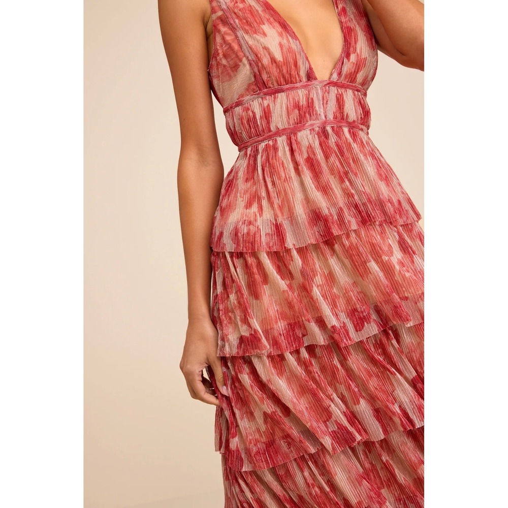 Lulus Valentia Magenta Plisse Sleeveless Tiered Midi Dress Red Pink M NWT 2844